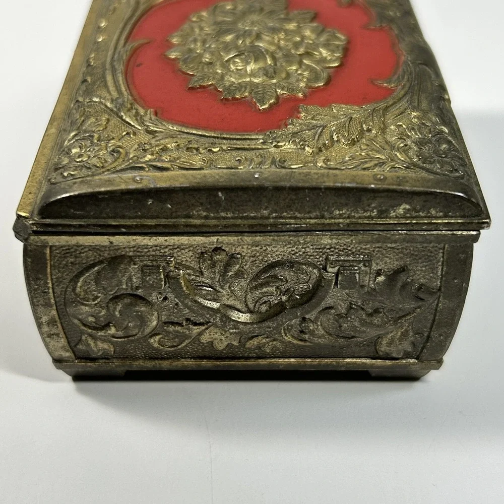 Vintage Metal Gold-tone Floral Detailed Lined Footed Trinket Jewelry Box.